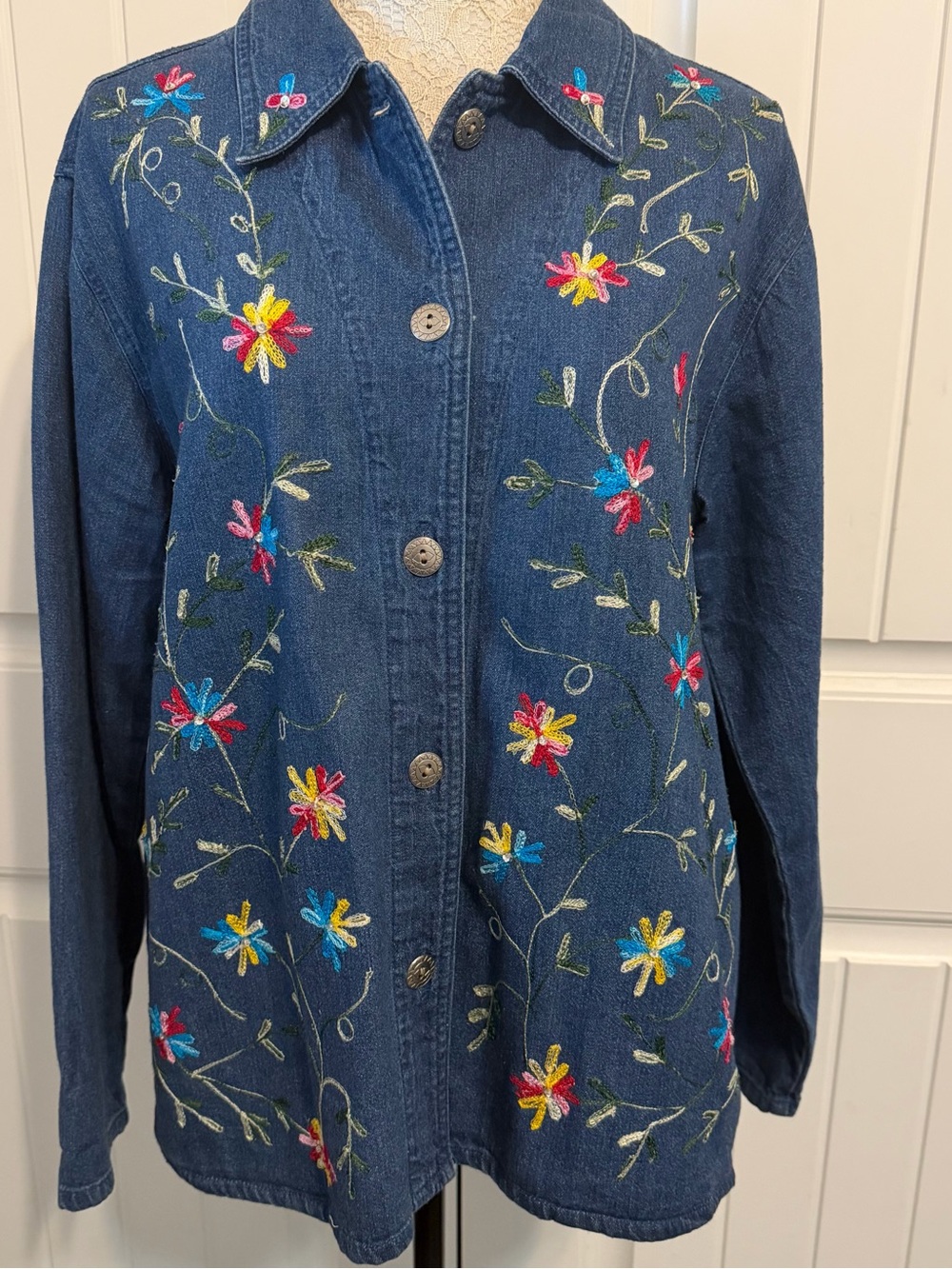 Vintage Bobbie Brooks Denim Embroidered Granny Button Down Floral Women’s Large